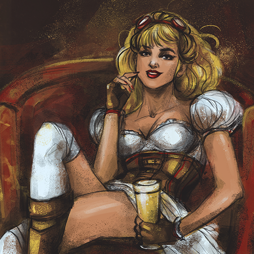 Sexy artwork with the title 'Steampunk pin-up-girl for beer label ( with a smile)'