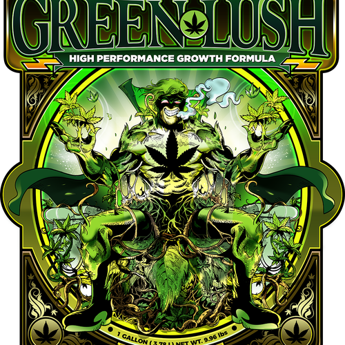 Superhero artwork with the title 'label  illustration for weed fertilizer'