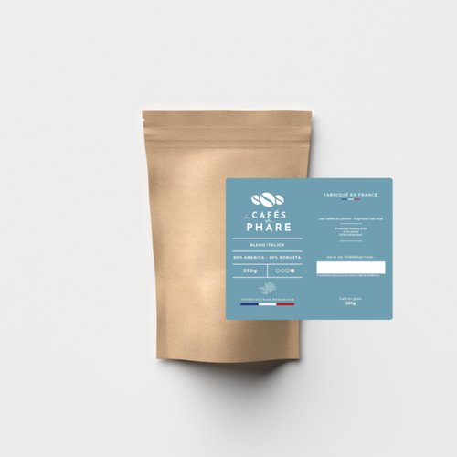 Kraft design with the title 'Création étiquette pour l'entreprise "Les cafés du phare"'