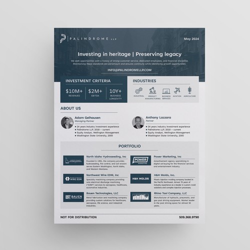 One page design with the title 'Private equity firm One-Pager'