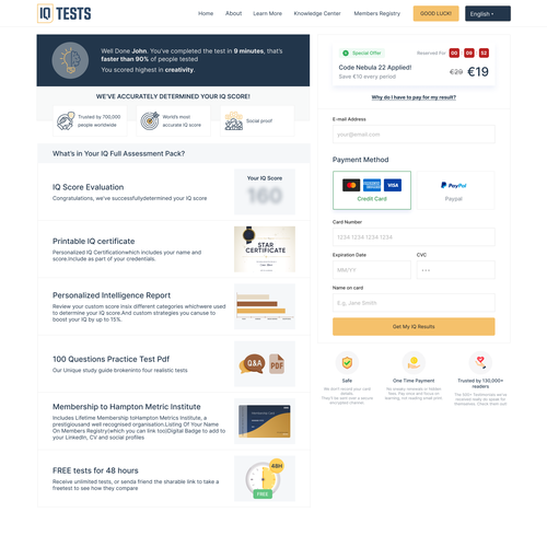 Product design website with the title 'Design For IQ Test Checkout Page'