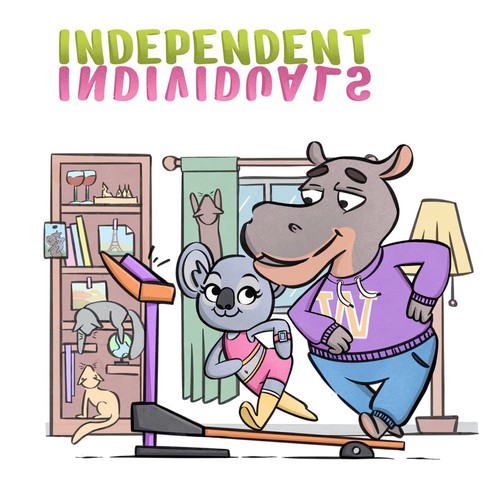 Cartoon character illustration with the title 'The postcard for a couple in love'