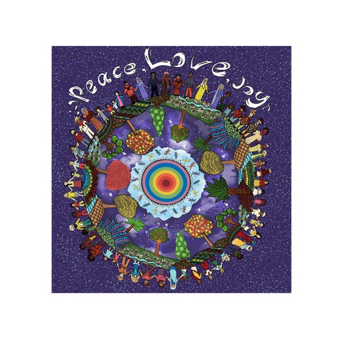 Art label with the title 'Peace , Love , Joy'