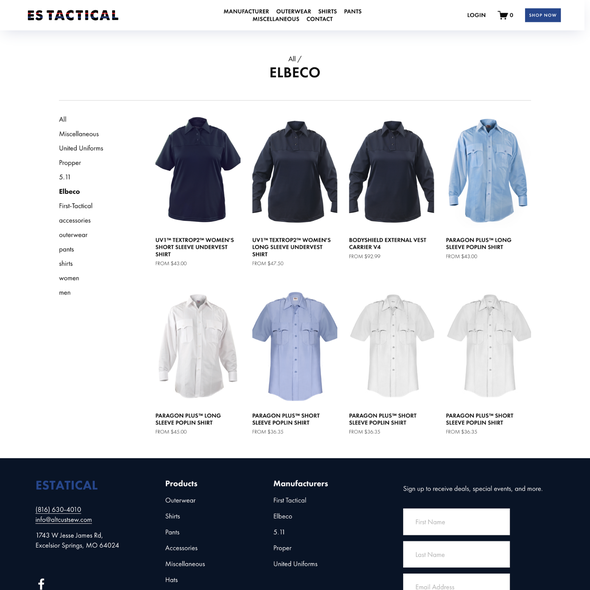 Ecommerce design with the title 'ES Tactical E-commerce Design'