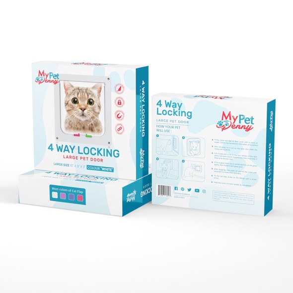 Carton packaging with the title 'eCommerce pet store looking for engaging product package design for a cat pet door'