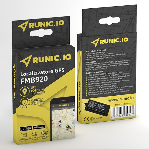 Technology packaging with the title 'Modern design for high-tech tracking device'