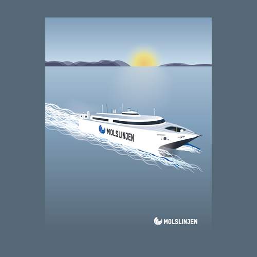Gray and blue design with the title 'Molslinjen Ferry vintage styled illustration'