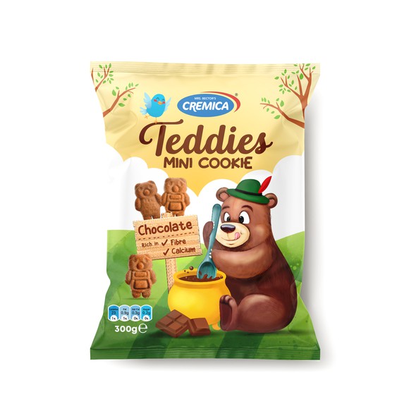 Cookie packaging with the title 'Cremica Teddies Mini Cookies'