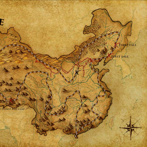 Sketch artwork with the title 'Annotated, vintage map of China for travel/adventure book'