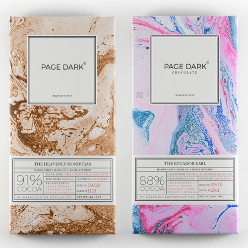 Chocolate packaging with the title 'Page Dark | Chocolate Wrapper Design'
