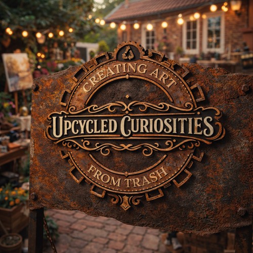 Steampunk logo with the title 'Vintage industrial badge — upcycled goods identity'