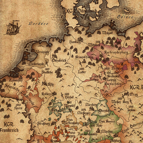 Fantasy illustration with the title 'Die Schlachten des Dreißigjährigen Krieges'