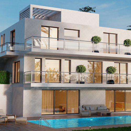 Architecture design with the title '3D render of a residence'