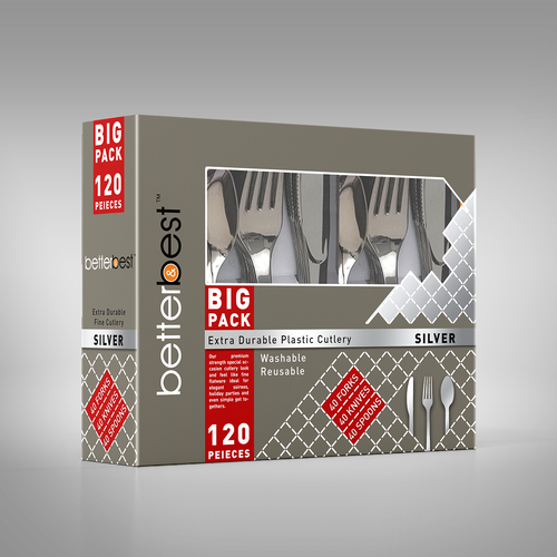 Retail packaging with the title 'The concept of packaging box for plastic cutlery'