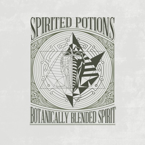 Enigma logo with the title 'logo and label for spirited potions'