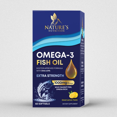 Lemon design with the title 'Omega 3 Fish Oil Product Box Needed for Nature's Nutrition'