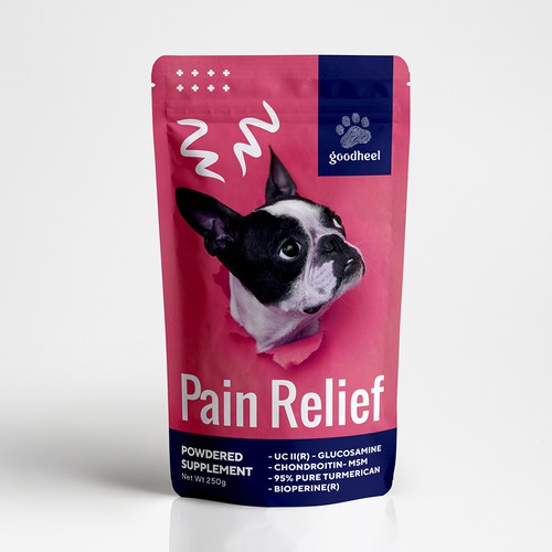 Dog packaging with the title 'Pain Relief packaging design'