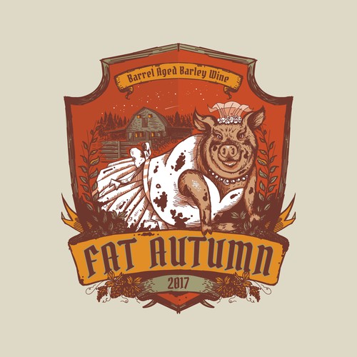 Barn design with the title 'Fat pig in a wedding dress for Fat Autumn Beer'