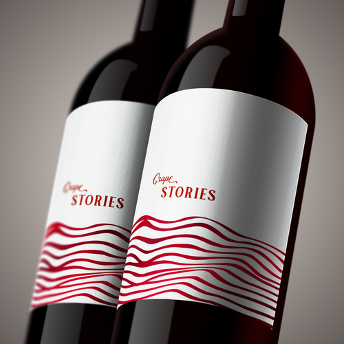 Red wine label with the title 'Label design fo company Grape Stories'