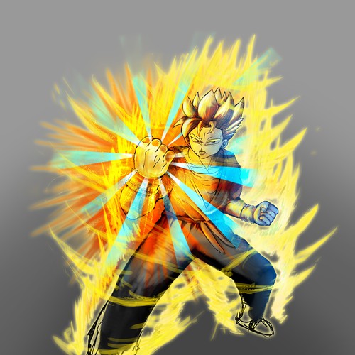Yellow artwork with the title 'Goku Design Reference for Super Human Product'