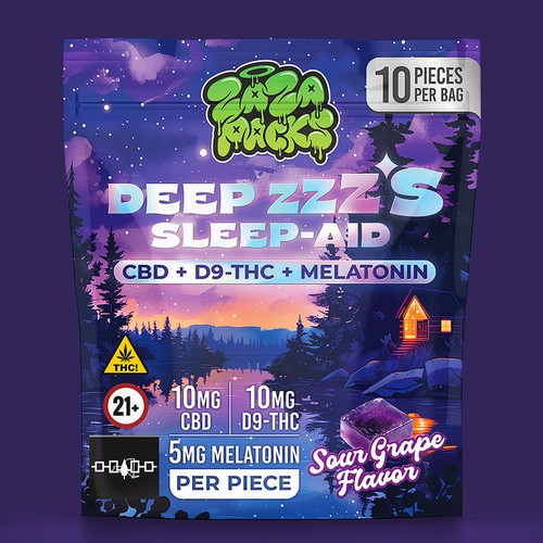Gummy packaging with the title 'ZAZA PACKS: Sleep Gummies'