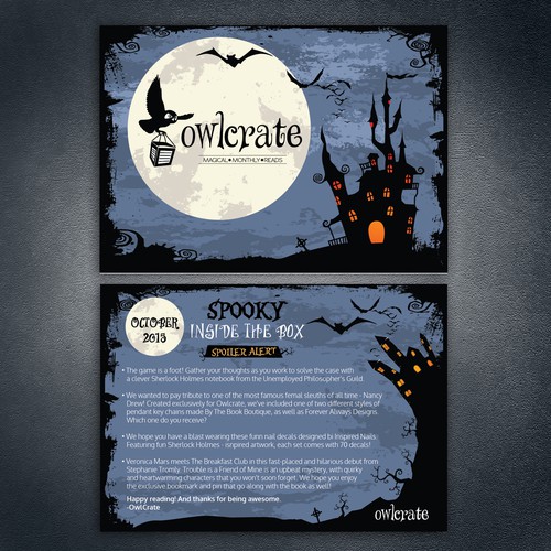 Spooky design with the title 'Owlcrate Postcard '