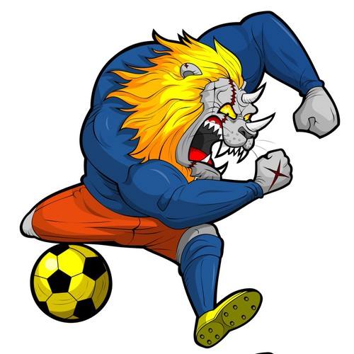 Sports illustration with the title 'THE BEAST MASCOT! WTF!!!!! PART 1!!! Half Rhino! Half Lion! All scary!!!!!!!! HELP +ME, LLC!'