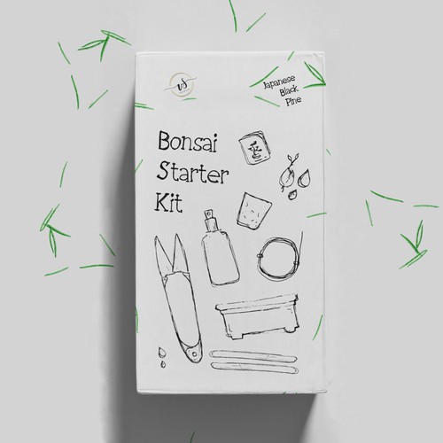 Plant packaging with the title 'Bonsai Starter Kit Package Design'