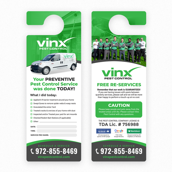 Door hanger design with the title 'Vinx Pest Control'