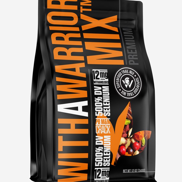 Logo packaging with the title ' WithaWarrior Mix™ Orange calyx window + spot-UV goldenberries'
