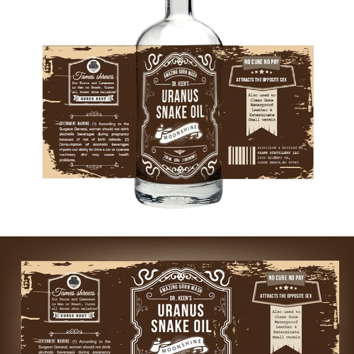 Whiskey packaging with the title 'uranus snake oil'