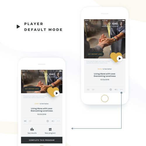 UI design with the title ' UI & UX design for IOS app with audio healing sessions - Part 2'