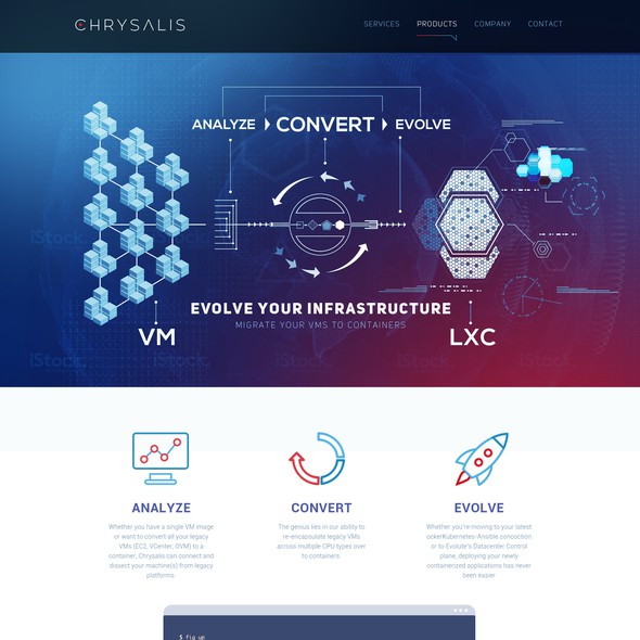 Futuristic website with the title 'Cutting edge product page design for patented Chrysalis Cloud Migration Tool'