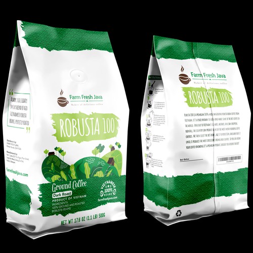 Coffee packaging with the title 'Coffee Robusta 100'
