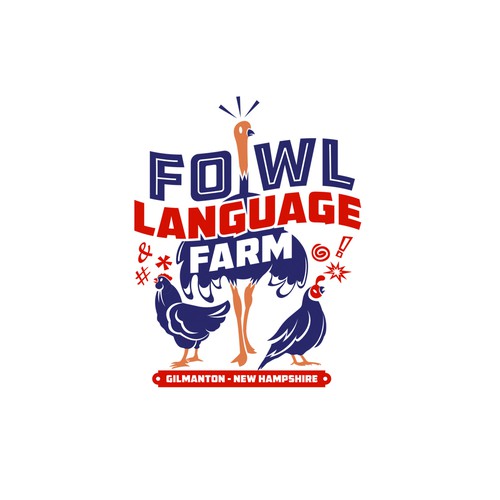 Comic logo with the title 'Logo Fowl Language Farm'