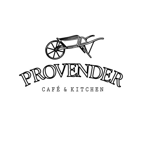 Handmade logo with the title 'Vintage logo for cafe and kitchen with handcrafted drawing of wheelbarrow'