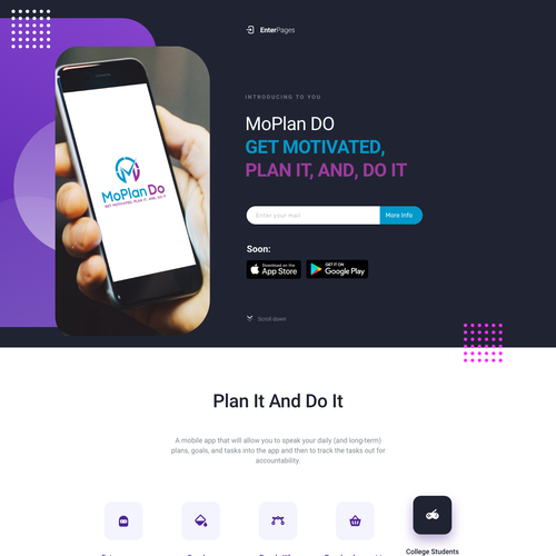 Interface design with the title 'Landing Page Moplan'