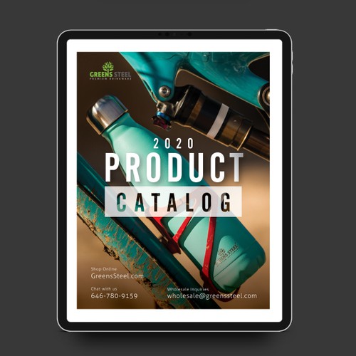Catalogue design with the title 'GreenSteel Premium Drinkware Catalog'