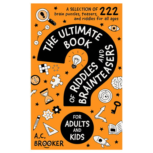Puzzle design with the title 'The Ultimate Book of Riddles and Brainteasers for Adults and Kids.'