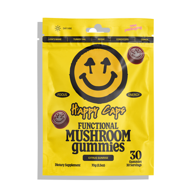 Happy Caps Functional Mushroom Gummies 30ct Pouch Design