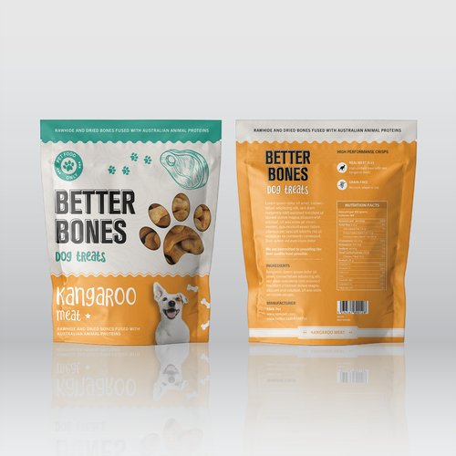 Funny packaging with the title 'Better Bones Dog Treats Pouches'