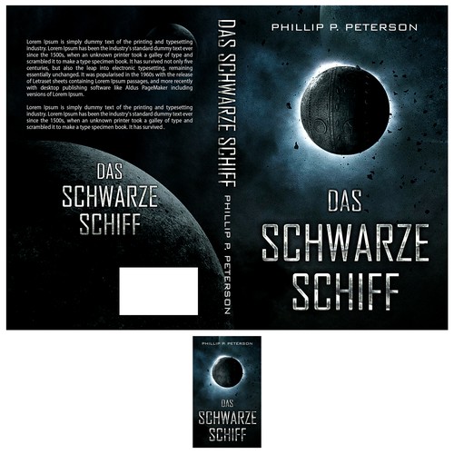 Spaceship design with the title 'Das Schwartze Schiff book cover'