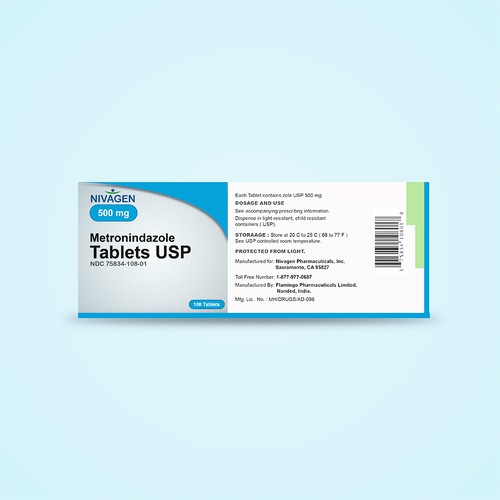 Print-ready design with the title 'Professional Pharmaceutical Packaging Design for Nivagen (Metronidazole Tablets)'