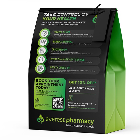 Pharmaceutical packaging with the title 'Prescription Bag Design for Everest Pharmacy'