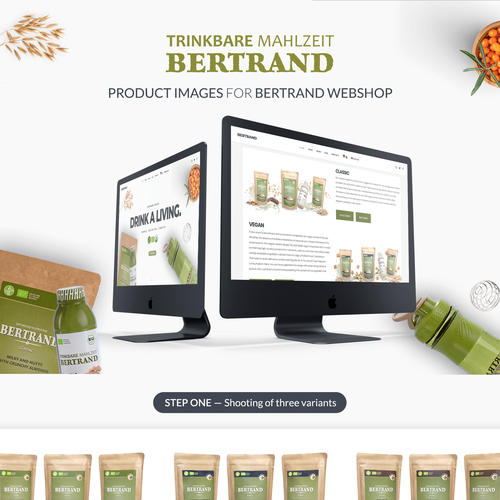 Composition design with the title 'Create three product images for Bertrand Webshop'