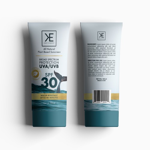 Tube packaging with the title 'KORE ELEMENT NATURAL SUNSCREEN'
