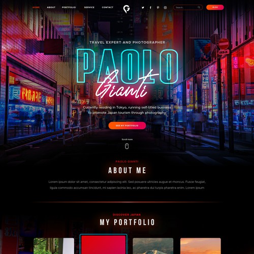 Dark website with the title 'Design a Tron-style modern dark-theme website with led lights about Japan'