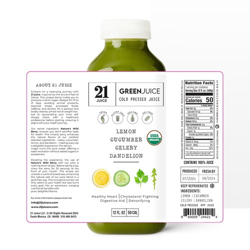 Green label with the title 'Label design for green juice'