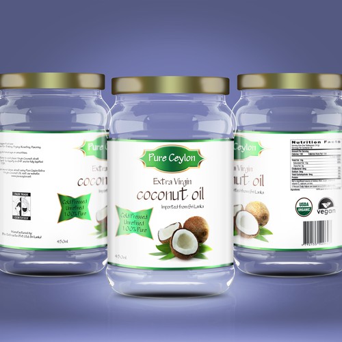 Coconut label with the title 'Pure Ceylon coconut oil'