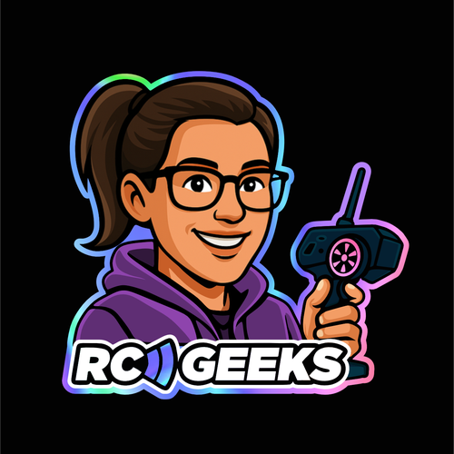 Geeky design with the title 'Custom Female RC Enthusiast Character – Holographic Sticker Design'